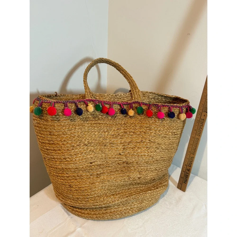 Shiraleah‎ Chicago Jute Tote Bag with Colorful Pom Pom Trim Accent